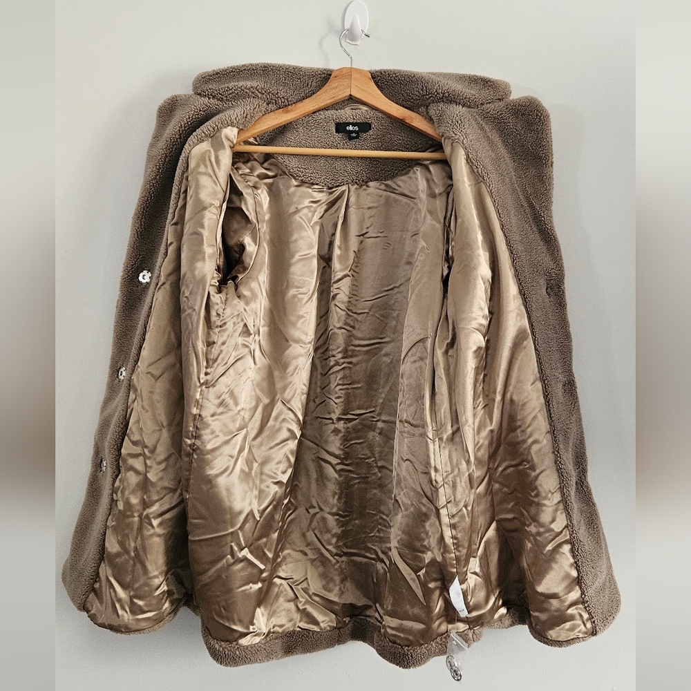 Ellos Teddy Neutral Olive Faux Fur Coat Size 14 - Picture 6 of 8